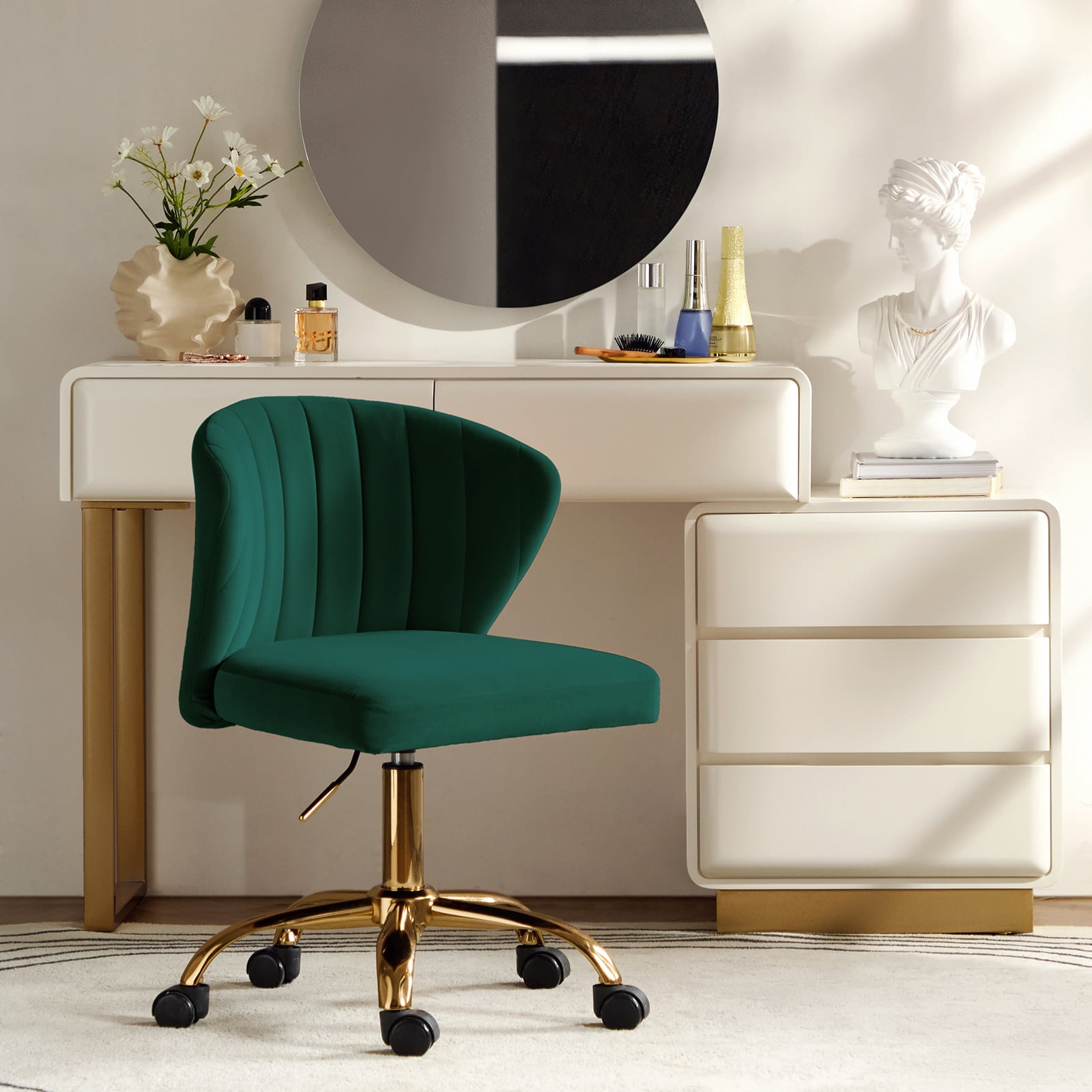 Velvet Swivel Task Office Chair, Tina's Home Adjustable Rolling Tufted Back Metal Leg Teen Green