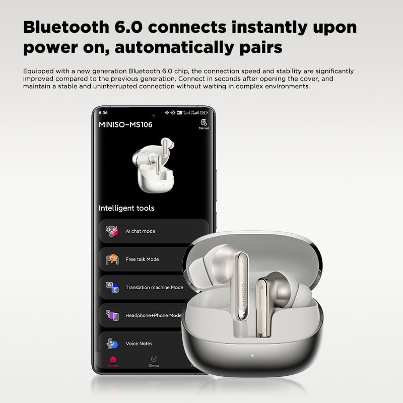 MINISO MS106 Wireless Bluetooth 6.0 In-Ear Earbuds, AI Translator, Noise-Cancelling Headphones, 130+ Languages, 28H,Black