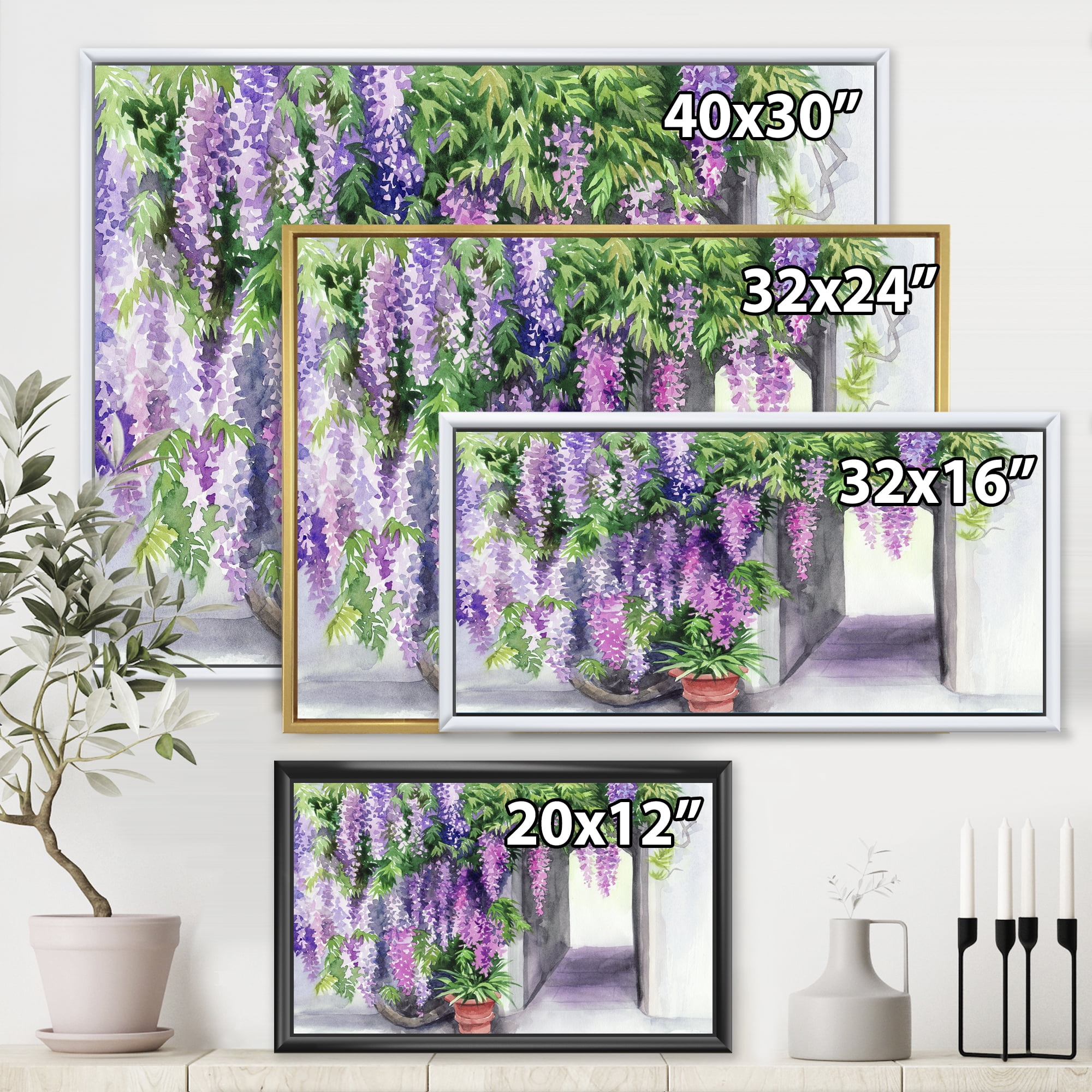 Designart 'Purple Wisteria Blossom' Traditional Framed Canvas Wall Art Print