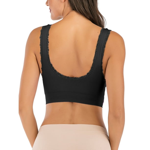 LELINTA Women's Wireless Removable Pads Bra Seamless Sports Lace Front Side  Buckle Bra Fitness Yoga Tops Black 