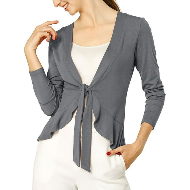 INSPIRE CHIC Cardigan en Tricot à Nouer à l'Avant pour Femme, Manches Longues, Ourlet à Volants, Ouvert, S Gris