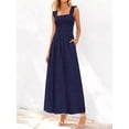 thumbnail image 3 of Navy Blue Womens Smocked Square Neck Sleeveless Eyelet Lace Cotton Maxi Dress For Spring Summer Beach, 3 of 6