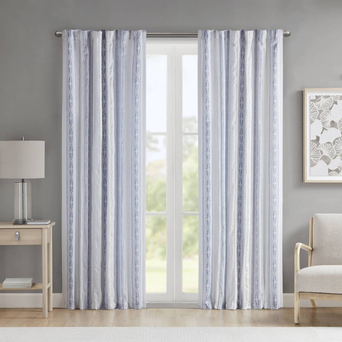 MAYEERTY 50x95" Poly Printed Curtain Panel - Tufted Stripe Lining, White/Navy