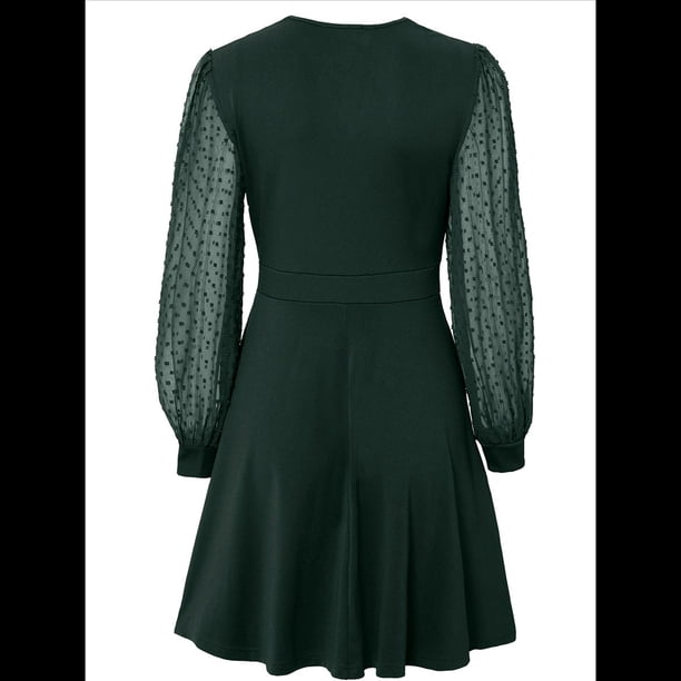 Vestido Corto Fruncido con Escote en V para Mujer, Color Verde M