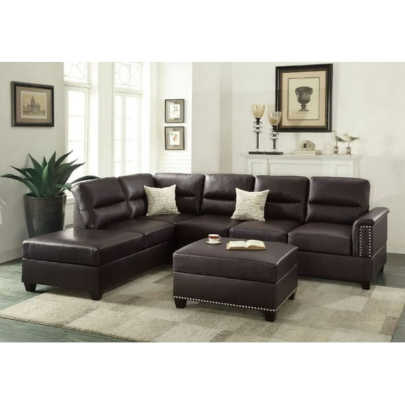 Bonded Leather Left or Right Hand Chaise Sectional with Ottoman Set, Espresso