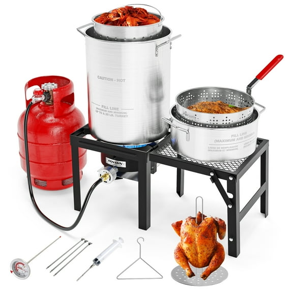 VINGLI 30QT Turkey Fryer & 10QT Fish Fryer Kit with 54000BTU Propane Stove & Foldable Side Table, Aluminum Deep Fryer Pot for Outdoor Cooking Seafood Boiling w/Lifting Hook, Turkey Rack & Thermometer