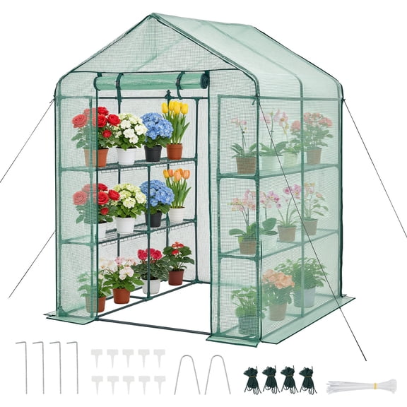 VEVOR Walk-in Greenhouse, 55.5" x 56.1" x 78.7" Greenhouse for Outdoors with PE Cover, 2 Tiers 8 Shelves, Roll-Up Zipper Door, Walk in Green House,Portable Plant Garden Hot House for Backyard Outside