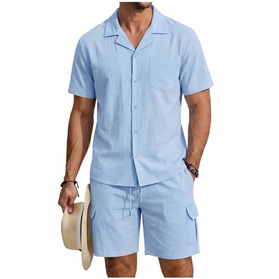 Eryao Big and Tall Men's Beach Vacation Outfits Sets 2 Piece Short Sleeve Button Down Lapel Shirts Matching Shorts with Pockets Summer Cotton Linen Loungewear,Sky Blue,XL