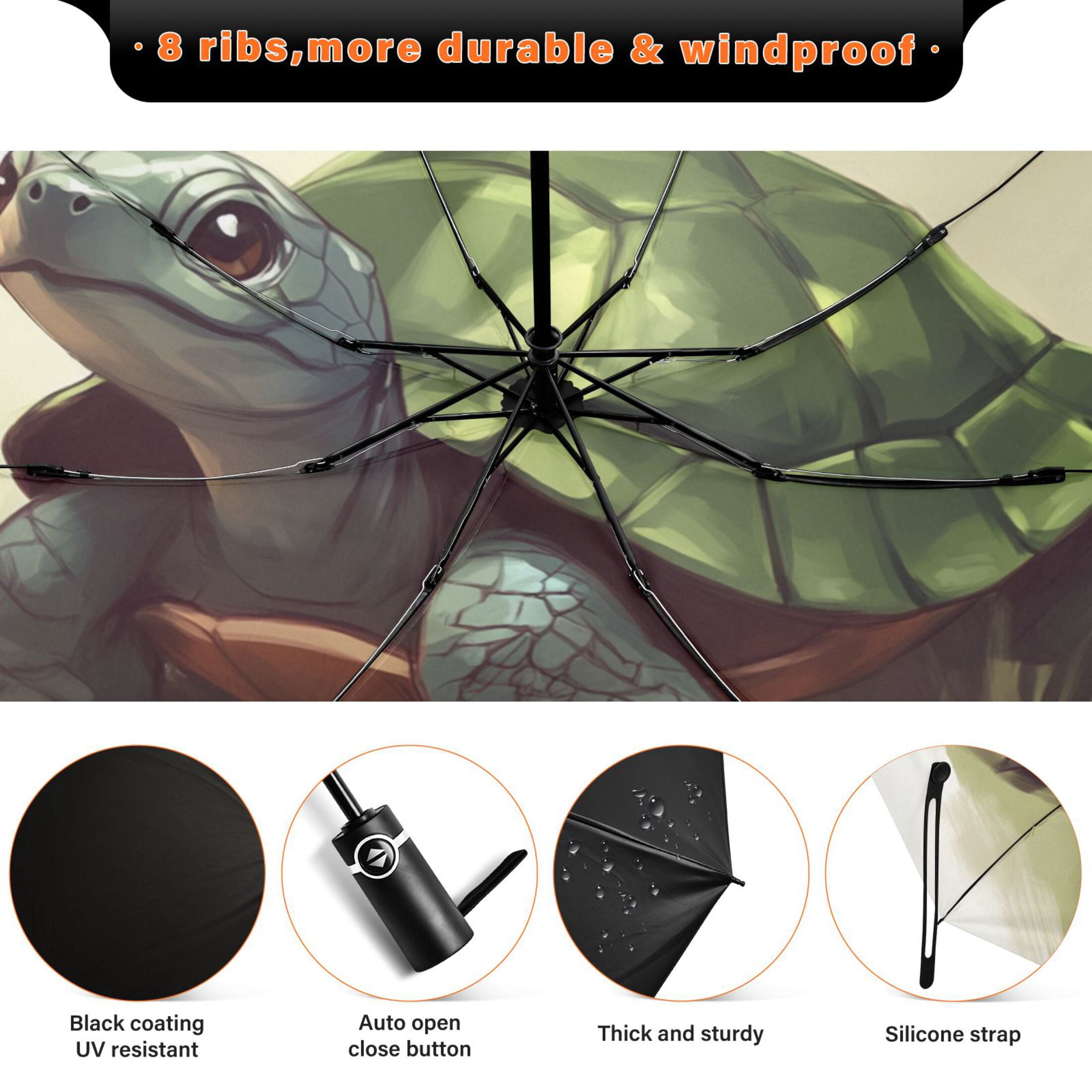 Child's Sketch Turtle Extra Large Automatic Umbrella, UV Protection, Waterproof, Auto Open and Close
