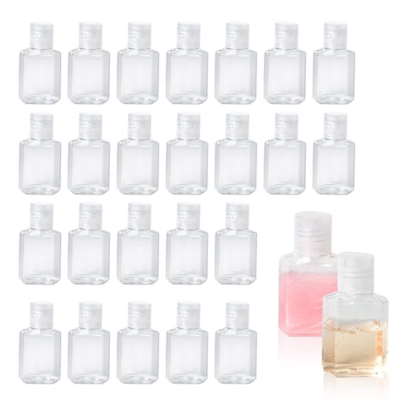 50 botellas desinfectantes para manos de 1 oz, botellas de viaje transparentes vacías, recipientes de plástico recargables con tapa abatible para acampar y viajar al aire libre