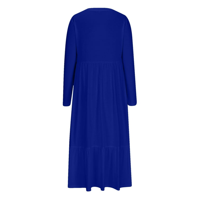 Cavosen Dresses for Women Long Sleeve Blue Maxi Dress Smocked Tiered Round  Neck Ankle Length Long Dress Solid Pleated Casual Trendy Dress with Pocket  Fall Winter Clothes S