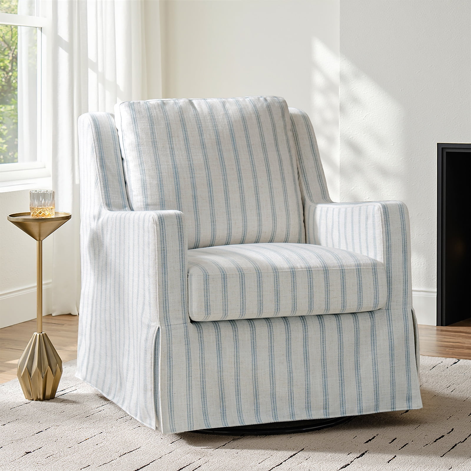 Farmhouse Swivel Rocking Chair Upholstered Glider Rocker with Removable Washable Slipcover, Nursery Accent Chair Blue Thin Stripes