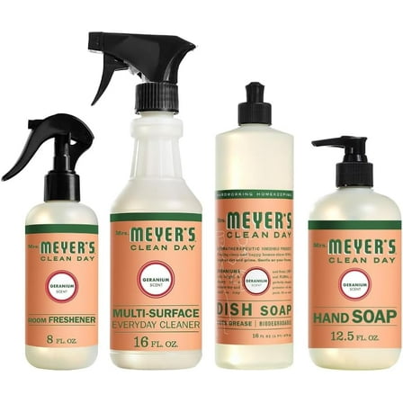 Mrs. Meyer's Clean Day Geranium Scent Variety, 1 Room Freshener 8 oz, 1 Liquid Dish Soap 16 oz, 1 Liquid Hand Soap 12.5 oz, 1 Multi-surface Cleaner 16 oz