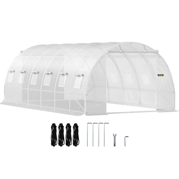 HCY Walk-in Tunnel Greenhouse, 20 x 10 x 7 ft Portable Plant Hot House w/ Galvanized Steel Hoops, 3 Top Beams, Diagonal Poles, 2 Zippered Doors & 12 Roll-up Windows, White