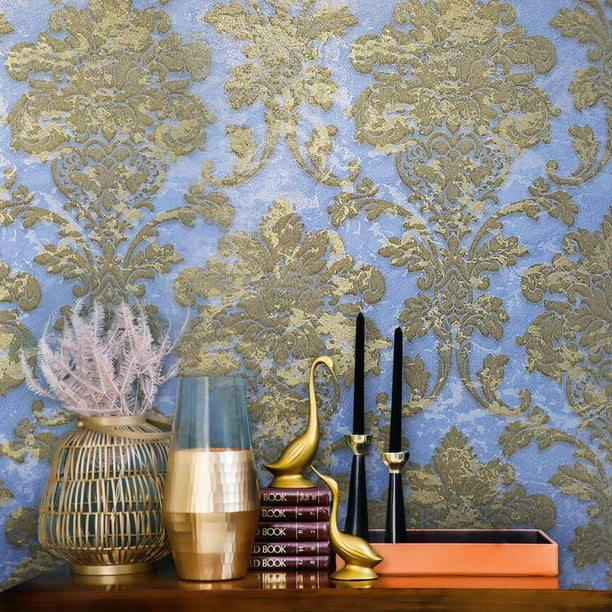 Wallpaper Blue Gold Brass Metallic Textured Victorian Vintage Rustic Damask Roll Walmart Com Walmart Com