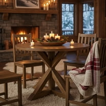 GOMYHOME 48" Round Wood Pedestal Dining Table, Modern Farmhouse Oak Veneer Kitchen Table, Warm Brown