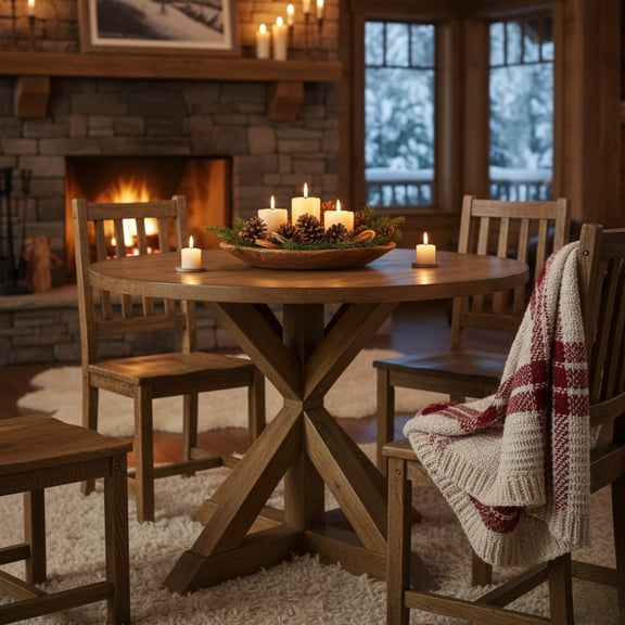 GOMYHOME 48" Round Wood Pedestal Dining Table, Modern Farmhouse Oak Veneer Kitchen Table, Warm Brown