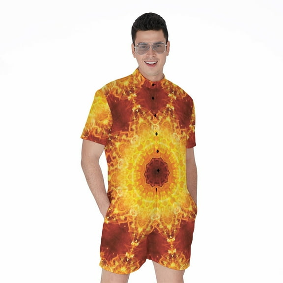 Sun Fire Kaleidoscope Short Sleeve Men'S Rompers, Hot Fire Casual Summer Jumpsuits Outfit