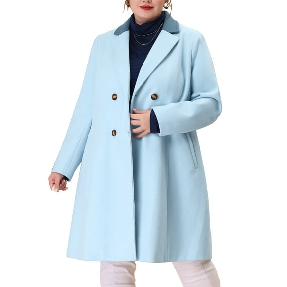 Agnes Orinda Women's Plus Size Long Coats Notched Lapel Winter Double Breasted Coat with Pockets 3X Sky Blue