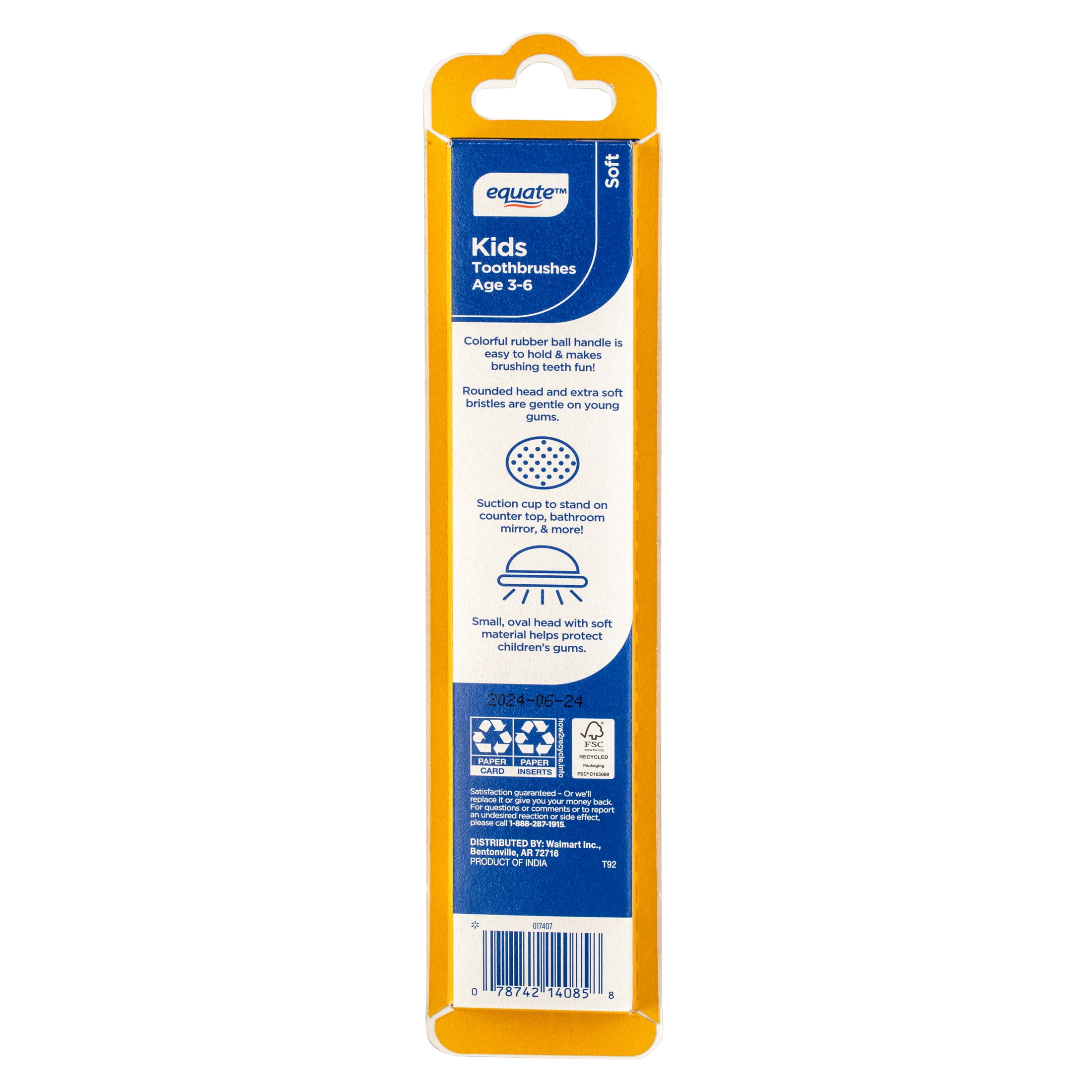 (4 pack) Equate Kids Toothbrush for Ages 3 to 6 with Suction Cup, Soft Bristles (2 Count)