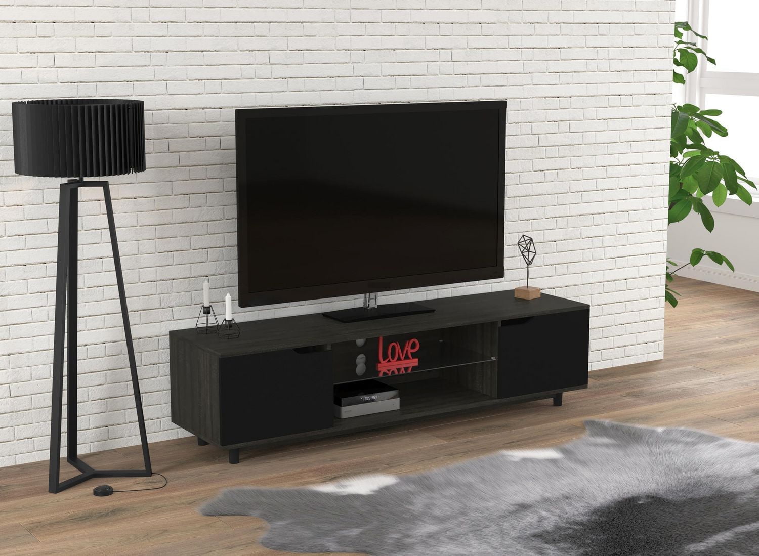 Tv Stand - 60"L Grey wood / Two Side doors & Two shelves