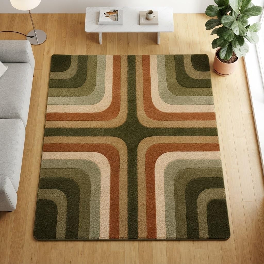 Hand-Tufted Wool Area Rug, Retro Geometric Pattern, Contemporary Carpet for Living Room, Dining Room, Bedroom & Home Décor – 2x2 Feet Square