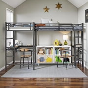 Triple Metal Bunk Bed,L-Shaped Metal Triple Bunk Bed with Desk and Shelf , Twin Over Twin Bunk Bed with Twin Loft Bed Attached , 3 Bed Bunk Beds for Small Space