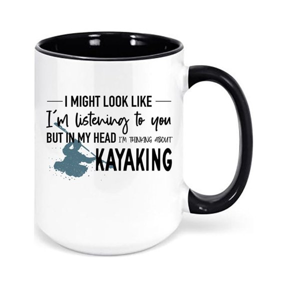 Kayaking Mug, Kayak Gift, Thinking About Kayaking, Kayak Coffee Mug, Rafting Gift, Sublimated Design, Kayaking Gift, Gift For Kayaker, BLACK
