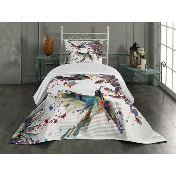 Ambesonne Nature Quilted Bedspread Set 2 Pcs, Lily Birds Watercolor, Twin Size, Orange and Blue