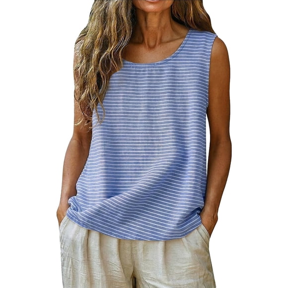 YAZHPA Débardeurs Rayés en Coton et Lin pour Femmes, Décontractés, Sans Manches, Chemises d'Été, Col Ras du Cou, Gilet, Bleu 3TG