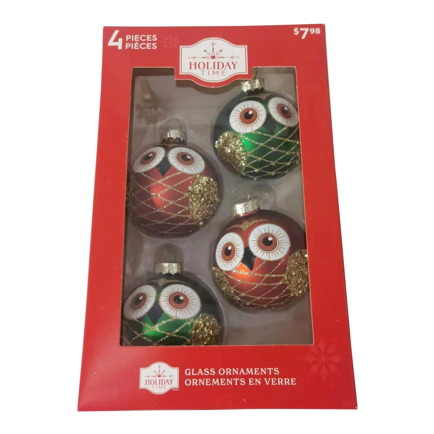 HOLIDAY TIME 65MM X 4CT RED/GREEN GLASS OWL ORNAMENT