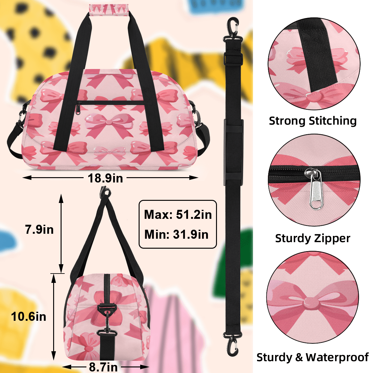 Herdesigns Pink Bow Sports Duffle Bag for Women & Men, Cute Gym Bag Dance Bag Overnight Bag Carry On Weekender Travel Bag