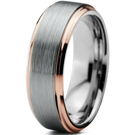 - Tungsten Wedding Band Ring 6mm for Men Women Comfort Fit 18K Rose Gold Plated Plated Beveled Edge Brushed Polished Lifetime Guarantee