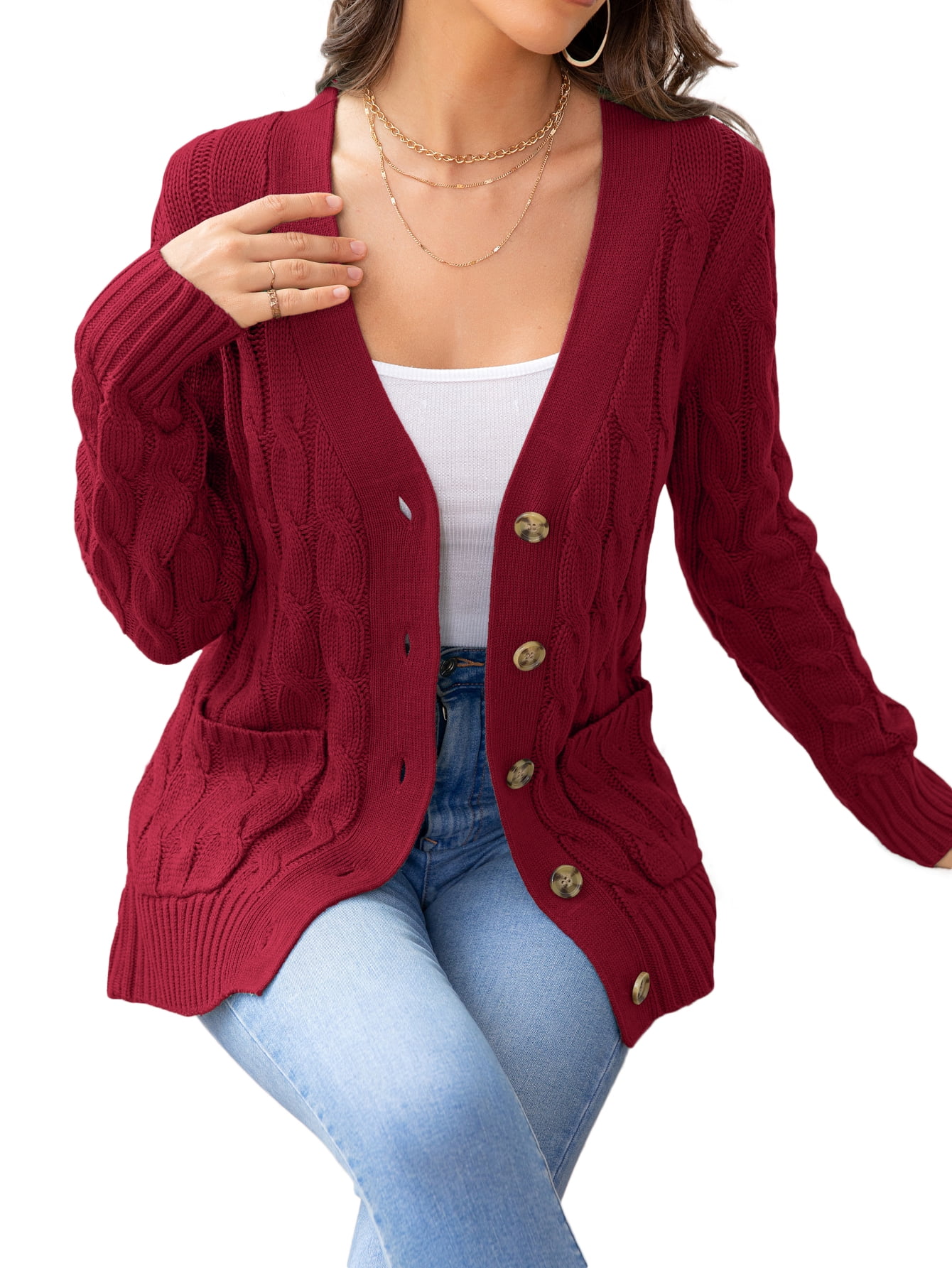 CALIPESSA Womens Cable Knit Red Cardigan Button Front Casual Loose Long ...