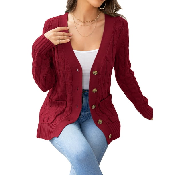 Calipessa Womens Cable Knit Red Cardigan Button Front Casual Loose Long Sleeve Solid Sweater