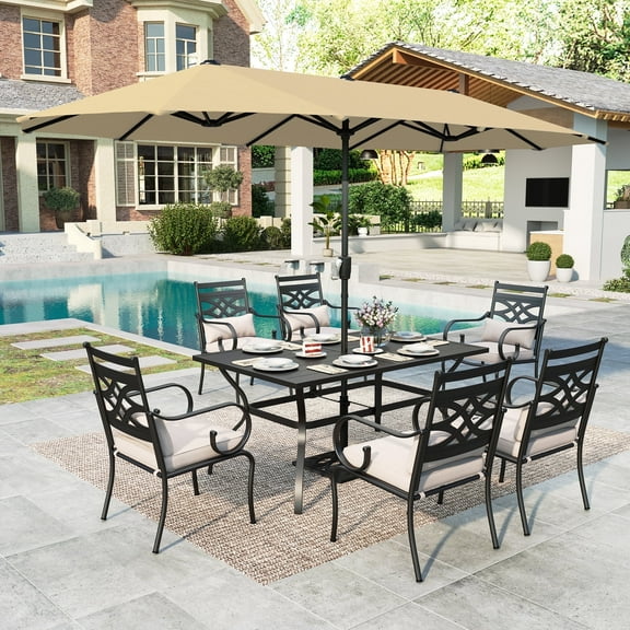MF Studio 8-Piece Outdoor Patio Dining Set with 6 Cushioned Chairs & Metal Steel Rectangle Table & 13 ft Patio Umbrella, Black & Beige
