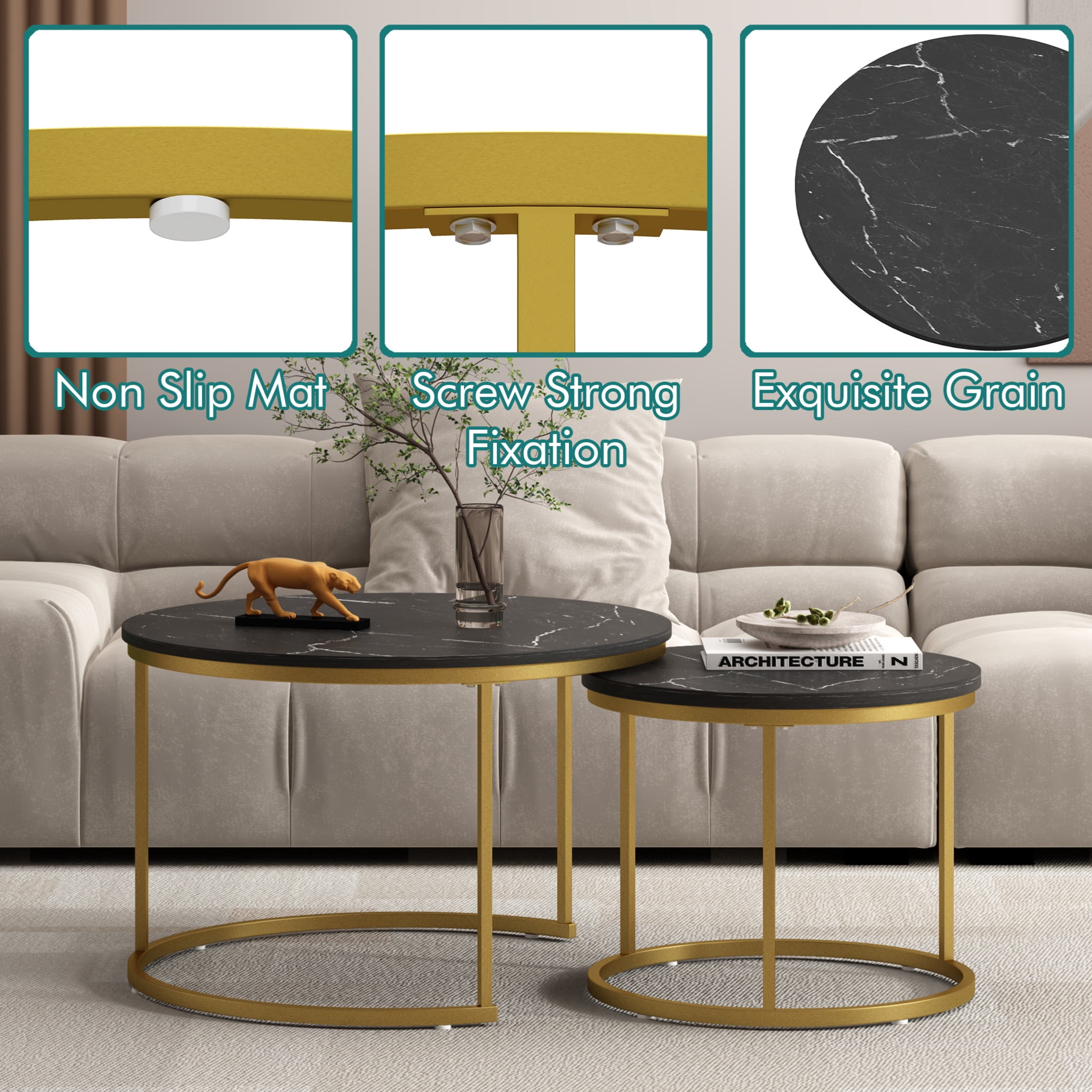 Noble House 27.6" Round Nesting Coffee Table with Marble Top, Wooden Side End Tables for Living Room, Black, Set of 2
