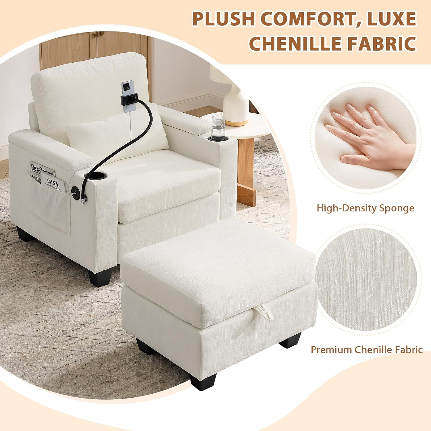 MOONMISS Oversized Chaise Lounge Chair Indoor, Single Convertible Recliner Reading Arm Sofa Chair W/Adjustable Backrest & Charging Port Couch Bed for Living Room, Home Theater & Bedroom,Beige