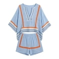 thumbnail image 3 of Linen Short Sets for Women 2 Piece V Neck Summer Vacation Lounge Outfits Boho Beach Matching Sets (Sky Blue M), 3 of 3