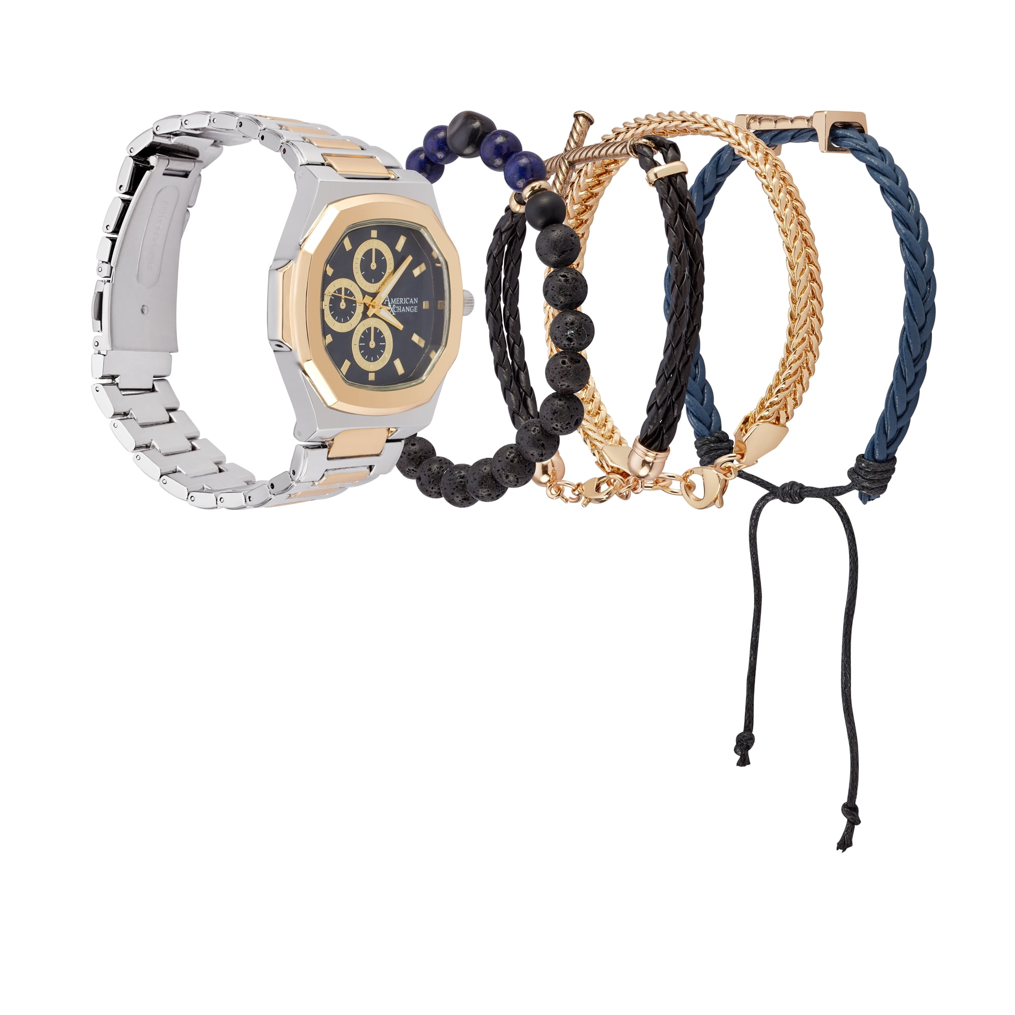 American Exchange Men's Metal Analog Watch and 4 Piece Bracelet Set, Navy/Two Tone