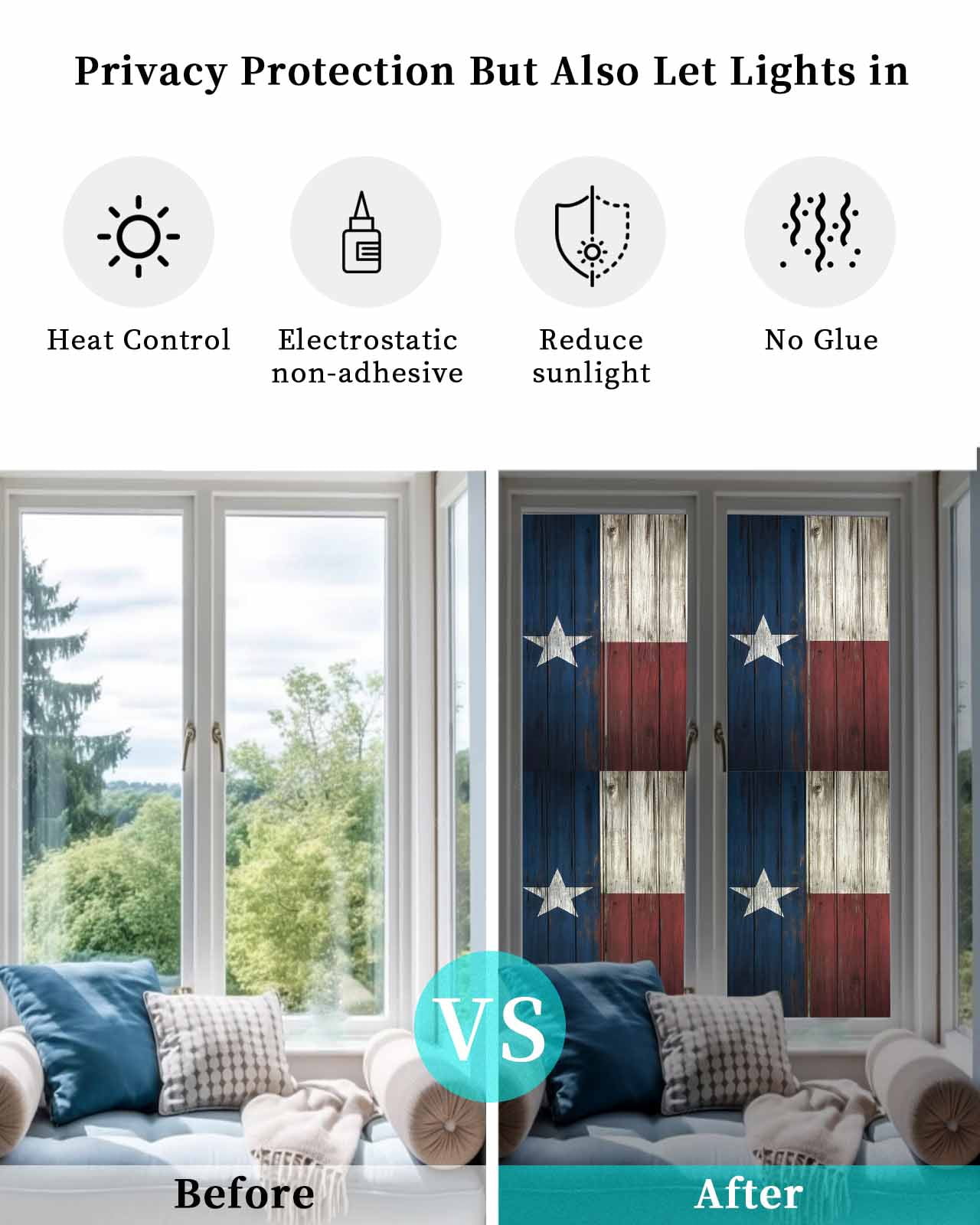 Window Privacy Film Texas Stars Stained Glass Window Film Decorative Sun Block Window Cover Navy Blue Red Retro Gray Wooden Window Clings Static Adhesive Sticker for Bathroom 23.6"x78.7"