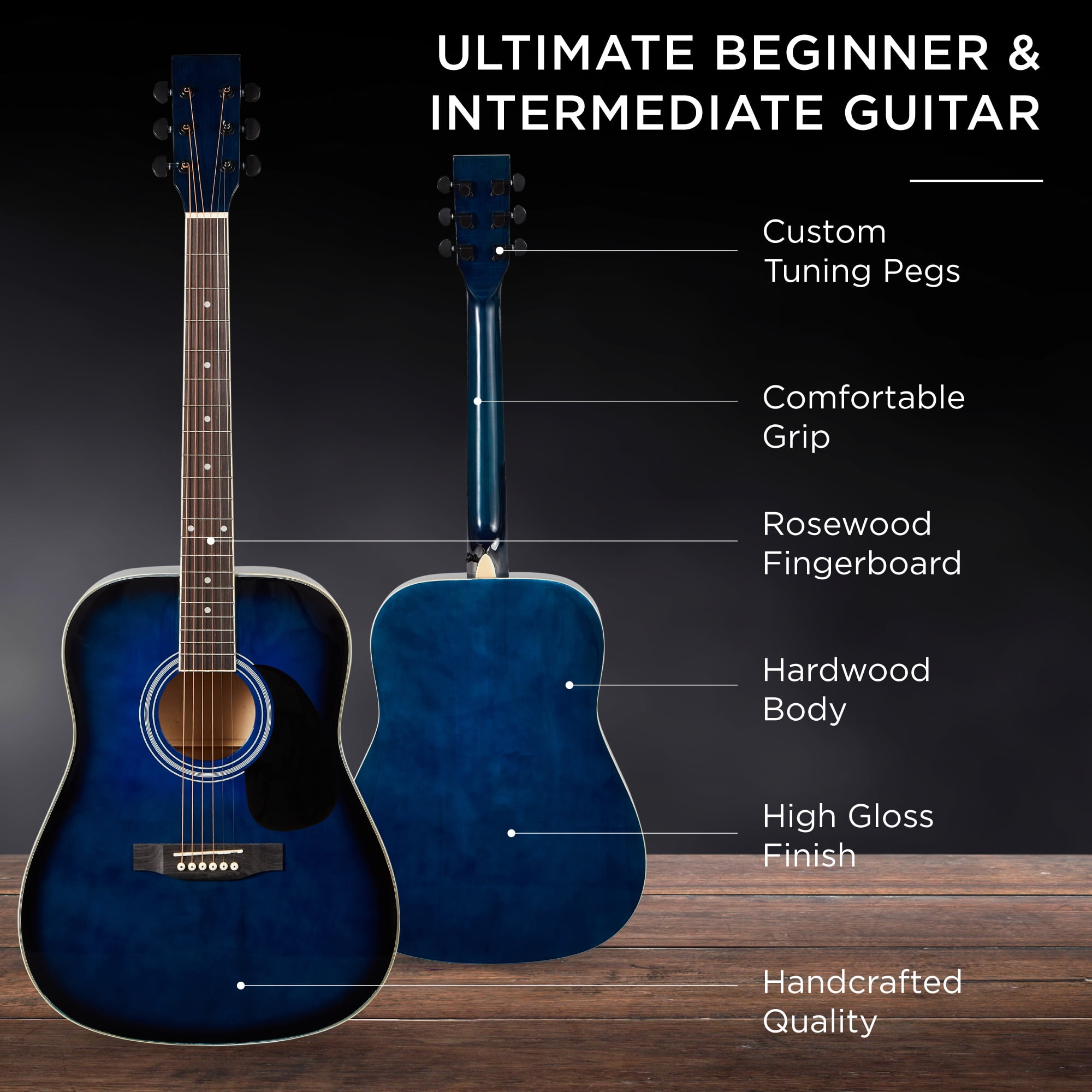 Best Choice Products 41in Full Size All-Wood Acoustic Guitar Starter Kit w/Gig Bag, E-Tuner, Pick, Strap, Rag - Blue