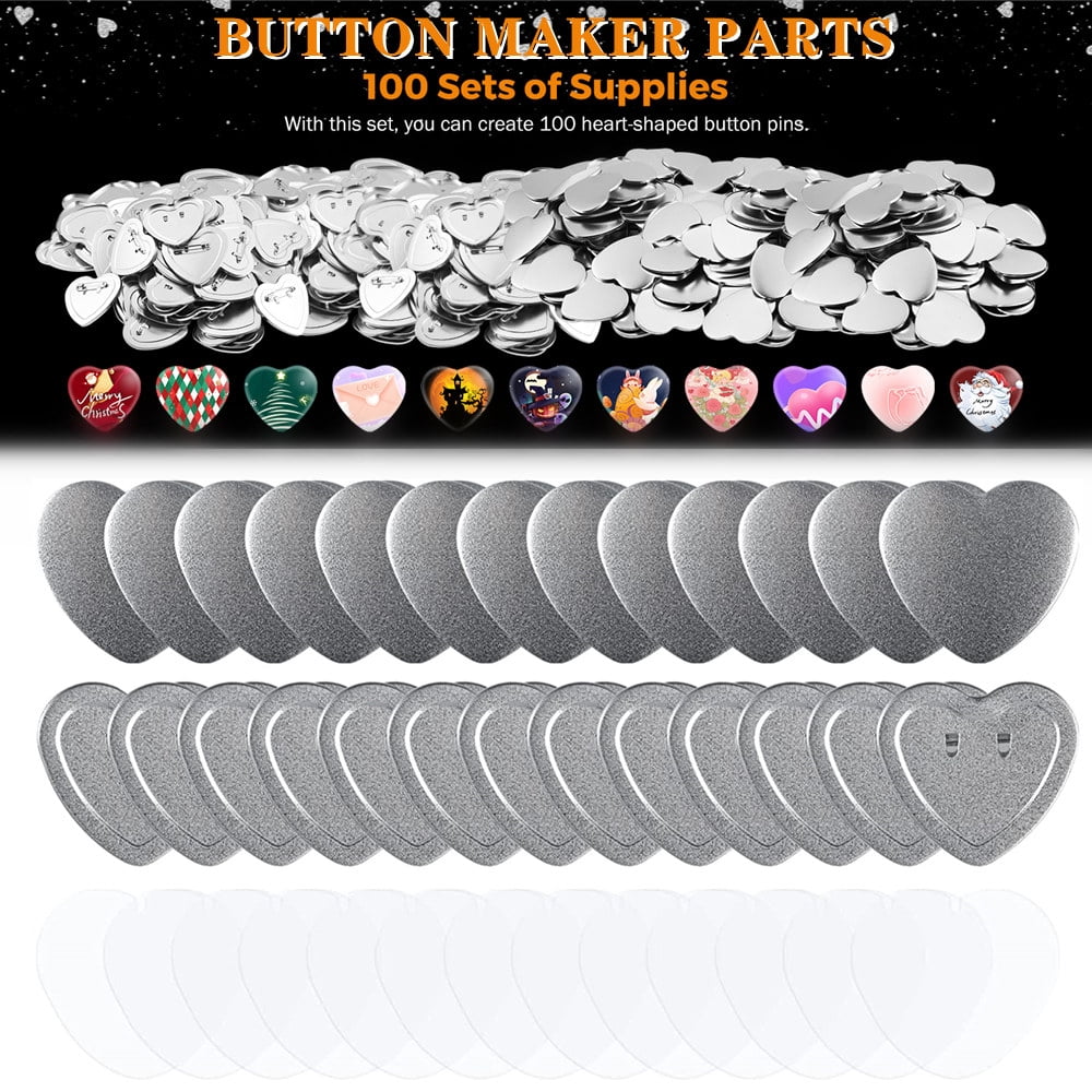 53X57.5MM Heart-Shaped Blank Badge Button Parts 100PCS, DIY Badges Set Metal Button Maker Parts ,Beginner-Friendly