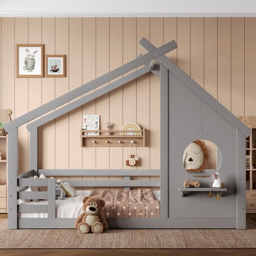 Bellemave Full House Floor Bed with Window and Shelf, Solid Wood Montessori Bed with Roof, Low to Ground House Bed with High Fence for Bedroom, Grey