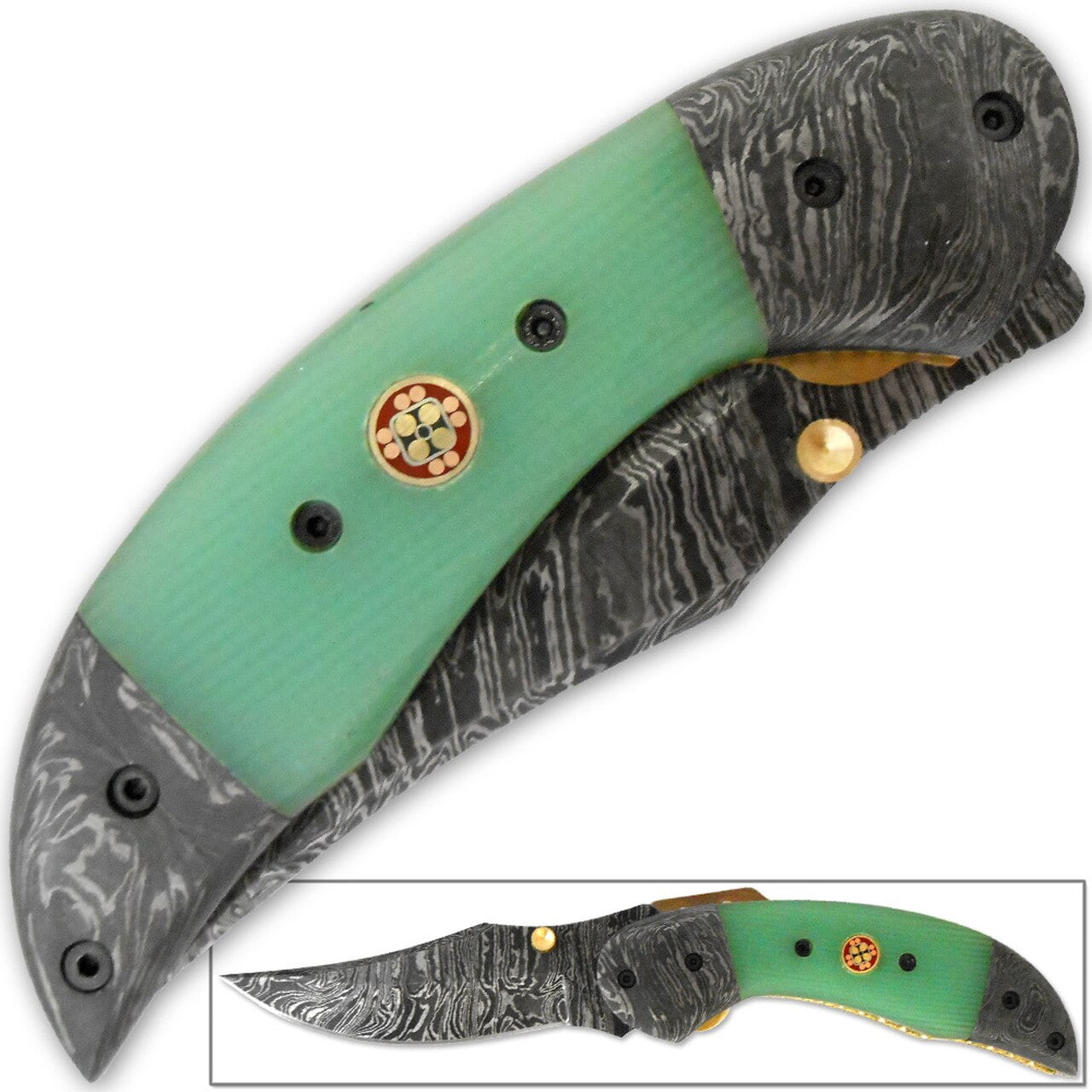 Trailmaster Clippoint Damascus Folding Knife Fire-Forged Steel Bolster Composite Grip