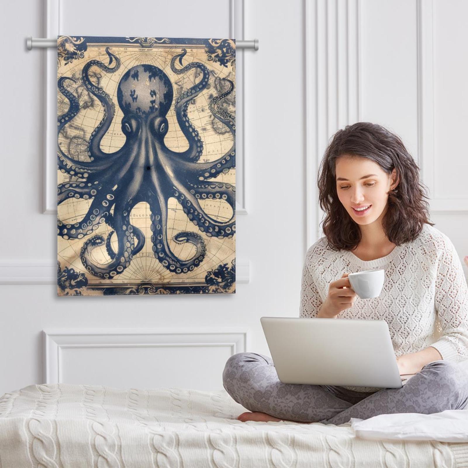 Funny Ocean Octopus Anchor Vintage Coastal Map Double Sided Garden Flag Decorative Weather Resistant Yard Flag, Large DIY Vertical Flag for Farmhouse Patio Lawn, 28x40 Inch