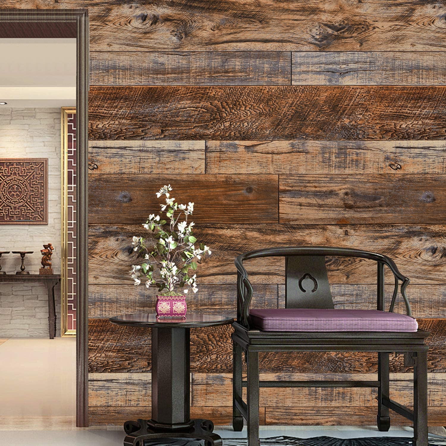 Caltero Peel and Stick Wallpaper Brown Wood Grain Wallpaper Self-Adhesive Contact Paper 17.72 in x 32.81 ft