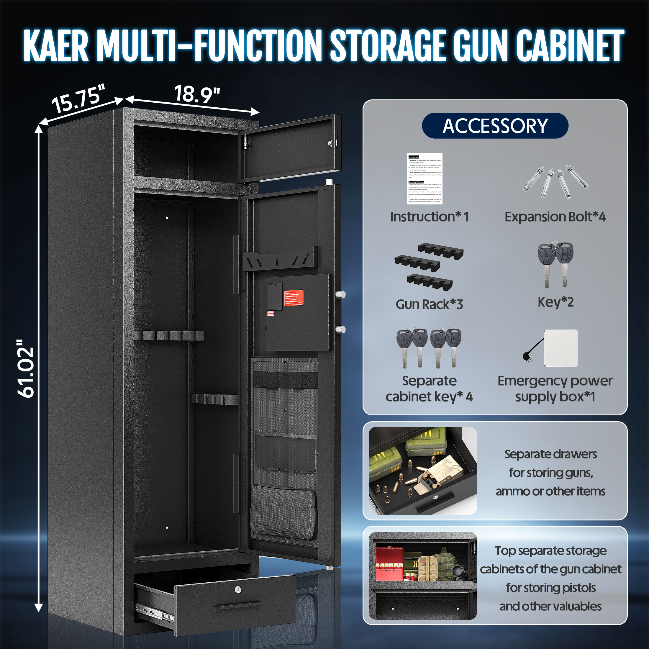 KAER 8-10 Gun Safe, Large Unassembled Rifle Safe for Home, Gun Cabinet with Adjustable Rifle Rack and Drawer