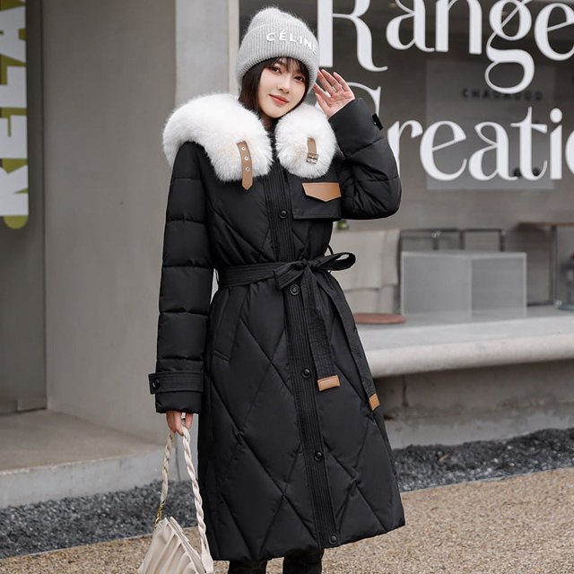 Chaqueta de plumón y algodón para mujer, corte ajustado, cuello de piel grande, estilo mediano a largo, chaqueta de algodón por encima de la rodilla, abrigo grueso