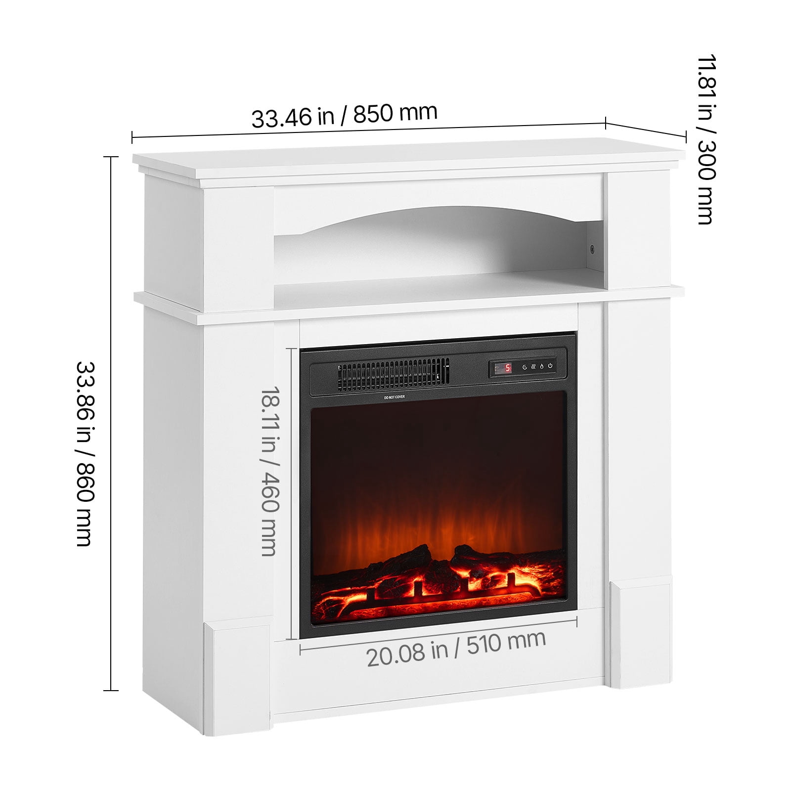 KFFKFF 33-Inch Freestanding Electric Fireplace with Mantel, 1500W Heater, Adjustable Flames, Timer, Remote Control, Overheat Protection, Ideal for Living Room or Bedroom, White